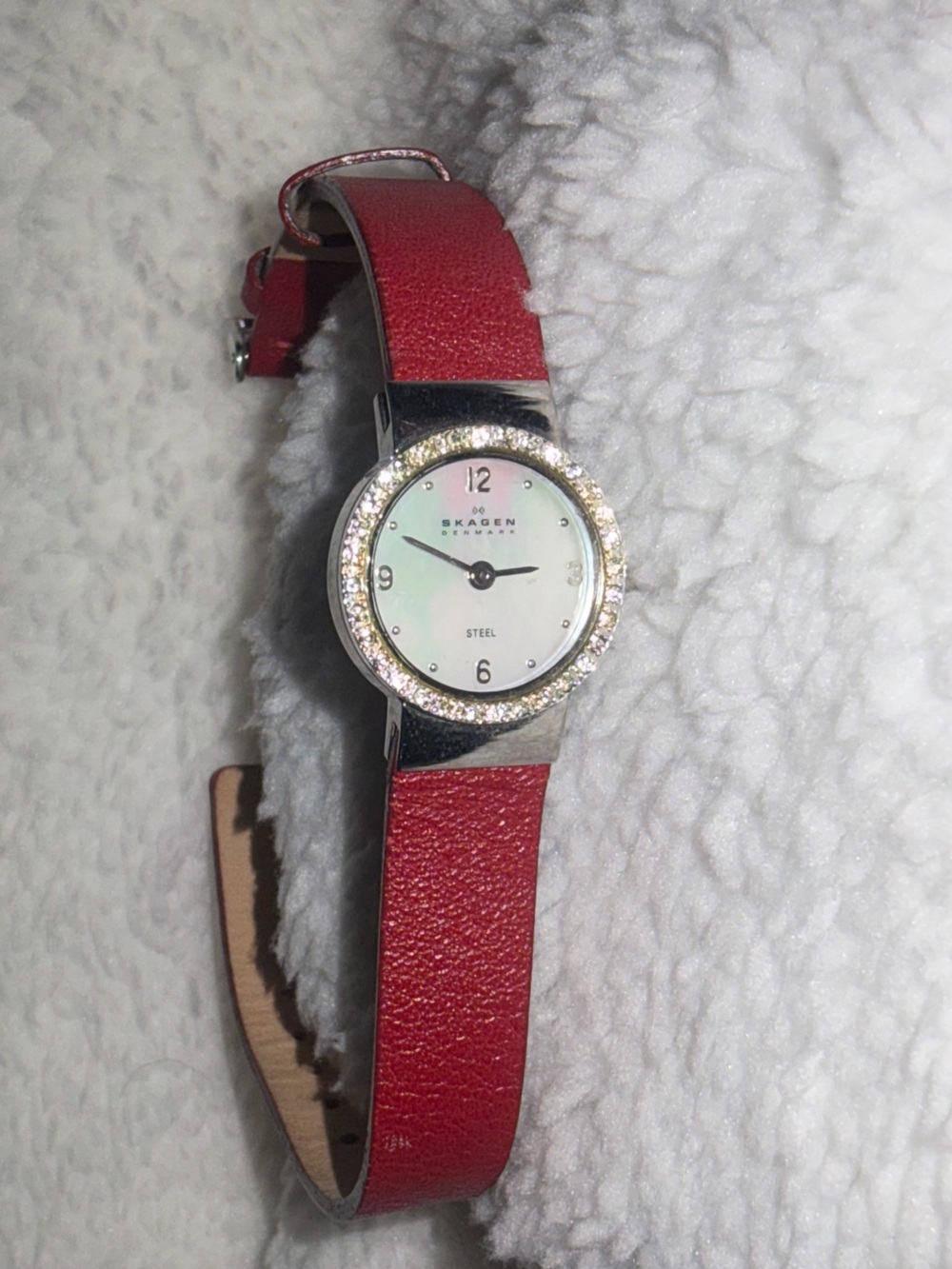 Skagen Women's Red Leather Strap Watch with Crystal Bezel